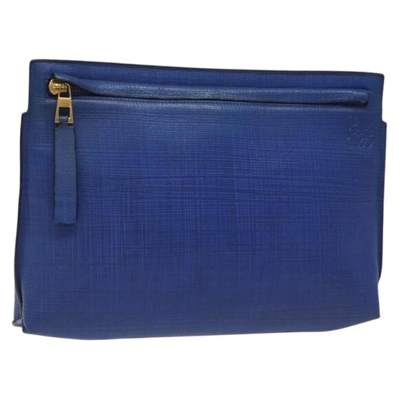 LOEWE Anagram Clutch Bag Leather Blue Gold Auth - Picture 1 of 15